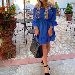 Blue Ruffle Hem Off the Shoulder Dress
